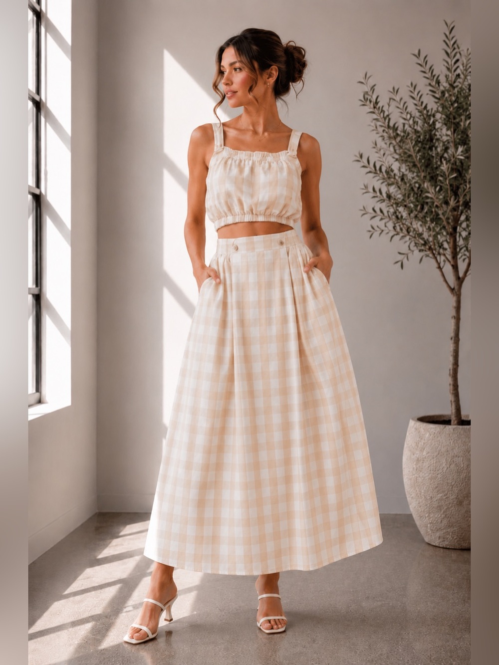 408. Marleny Sunwashed Gingham Crop Top & Maxi Skirt Set in Taupe